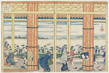 Å komme seg ut av regnet ved Aji-elven ved Tenpo_zan, 1834